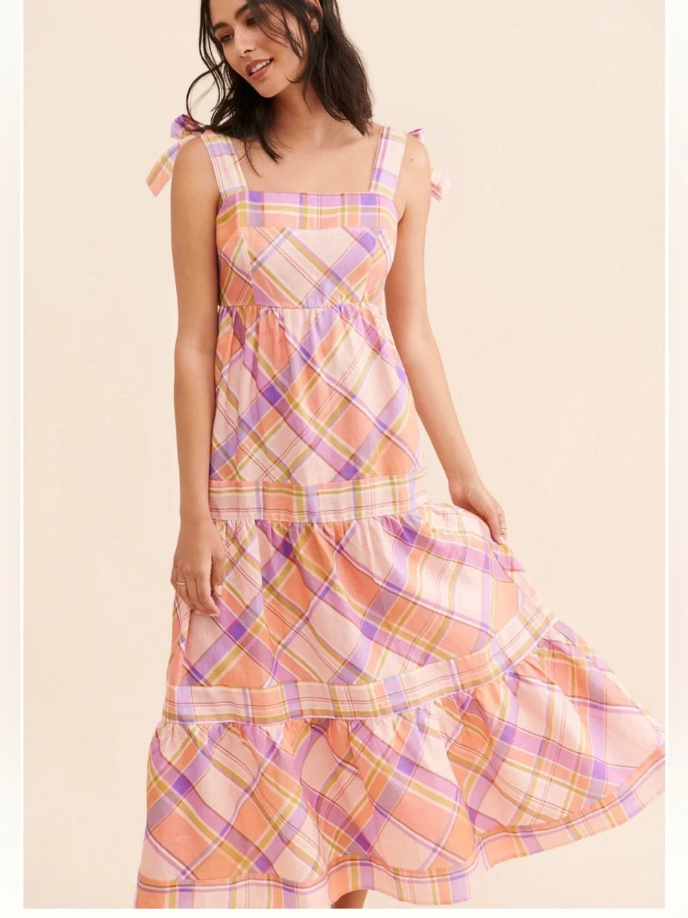 Anthropologie Kachel Tie Strap Linen Maxi Dress Pink Peach Purple Plaid Sz M